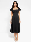 Black shapewear A-line midi dress with flutter sleeves and square neckline.
