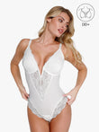 White plunge V lace bodysuit: full coverage shapewear, slimming design, DD+ bust support.