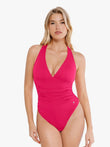 Pink halter cowl neck ruched tummy control bodysuit with V-neck