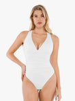 White halter cowl neck ruched tummy control bodysuit with a deep V-neck and moderate compression.