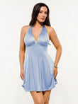 Light blue halter fit & flare mini dress with cinched waist