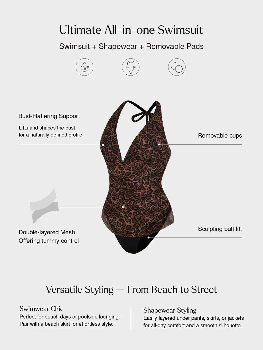 Popilush® Leopard Swimwear Shapewear Halter Tummy Control One Piece Swimsuit