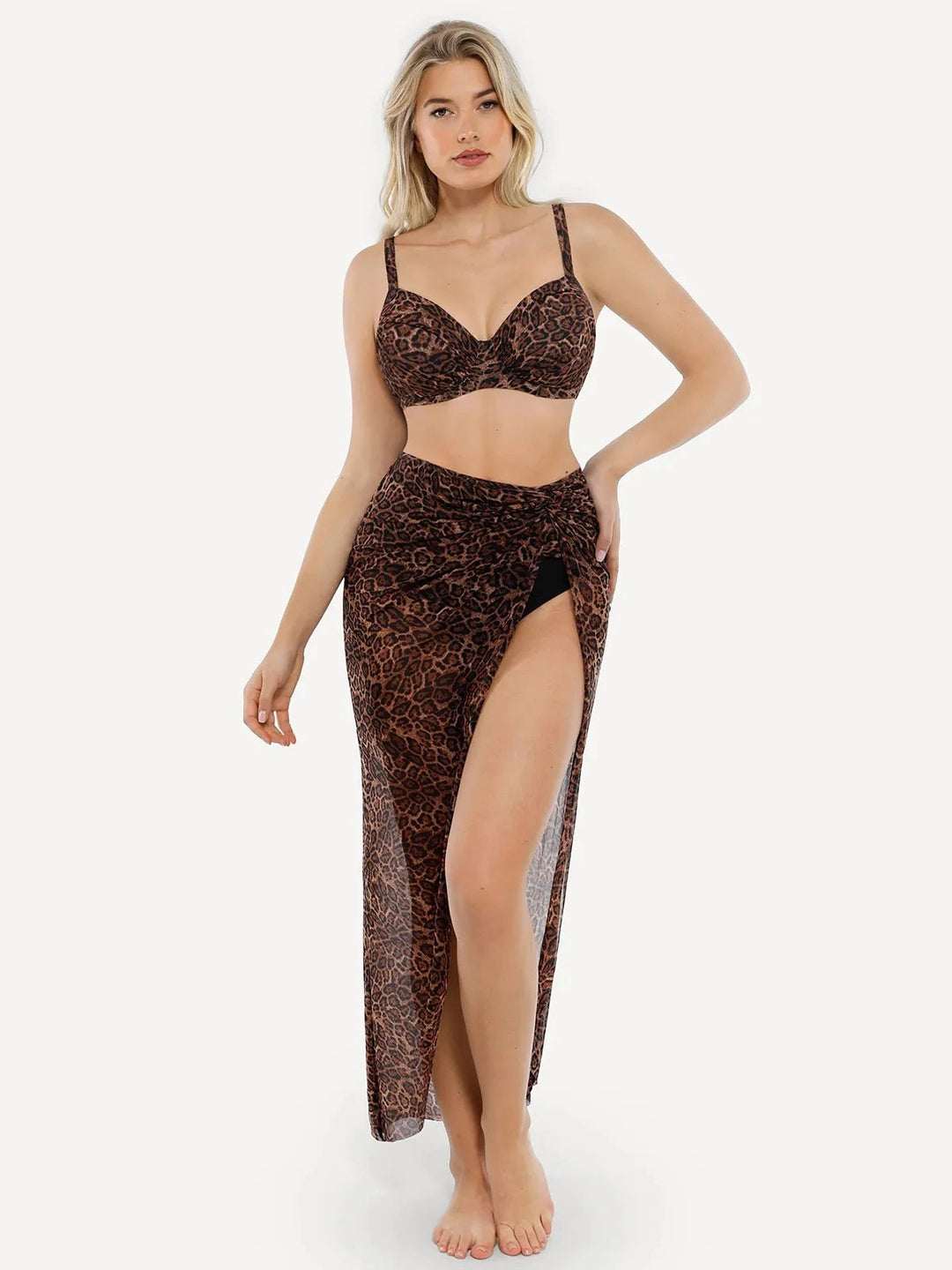 Popilush® Leopard Swimwear Shapewear Halter Tummy Control Swimsuit And Cover-Up Set