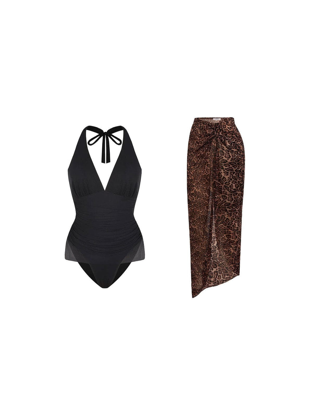 Popilush® Leopard Swimwear Set / Black/Leopard / XS Shapewear Halter Tummy Control Swimsuit And Cover-Up Set