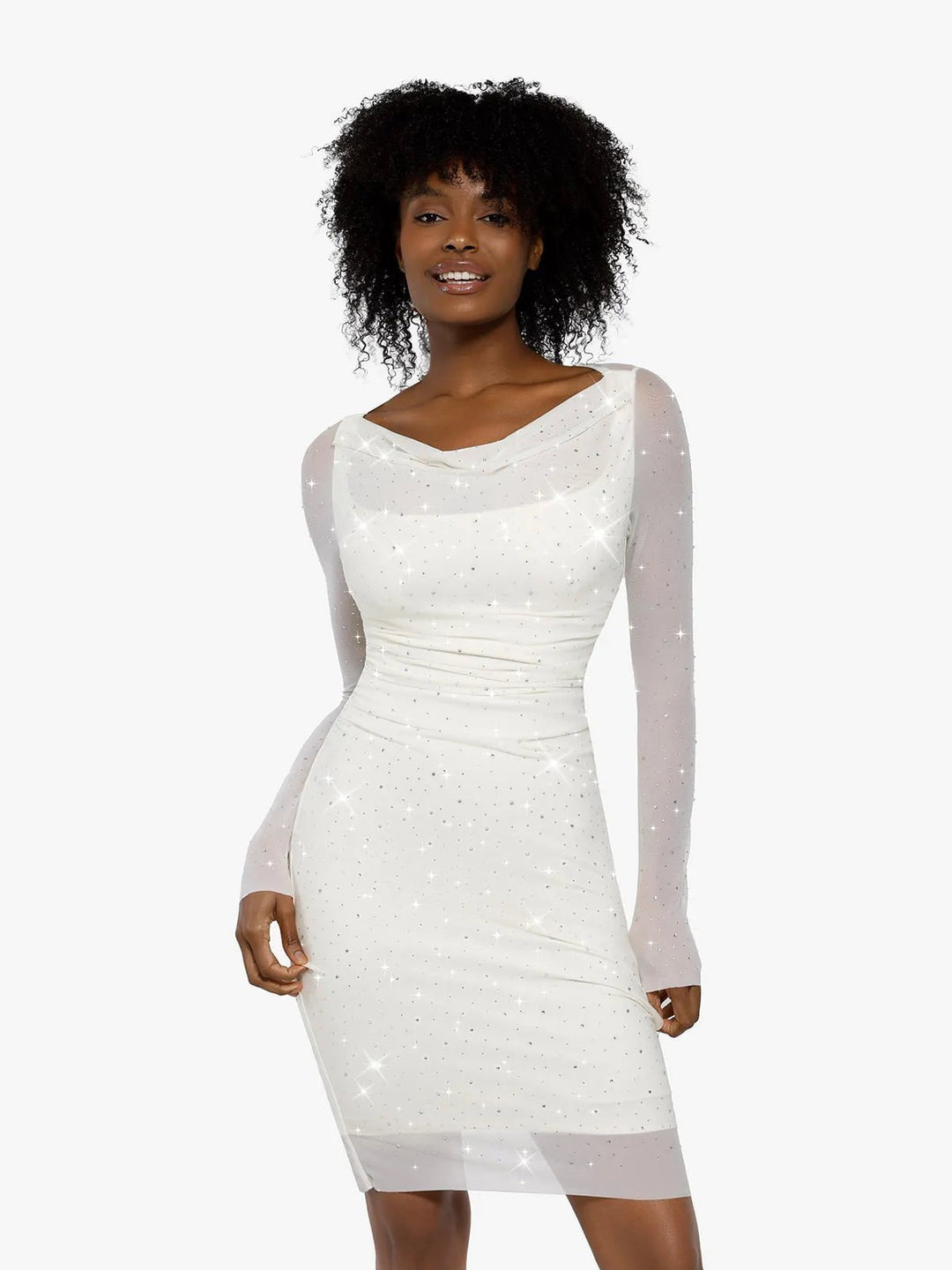 Shapewear Heat-Set Crystal Mesh Long Sleeve Slim Mini Dress – Popilush®