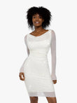 White crystal mesh long sleeve shapewear mini dress with draped neckline & sparkle.
