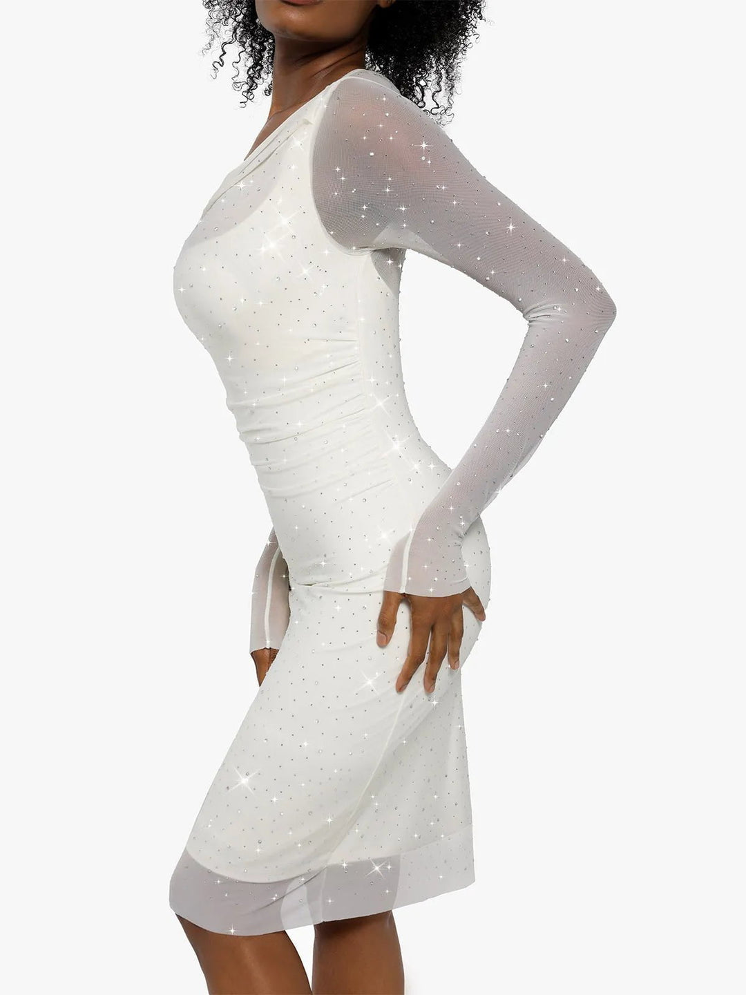 Shapewear Heat-Set Crystal Mesh Long Sleeve Slim Mini Dress – Popilush®