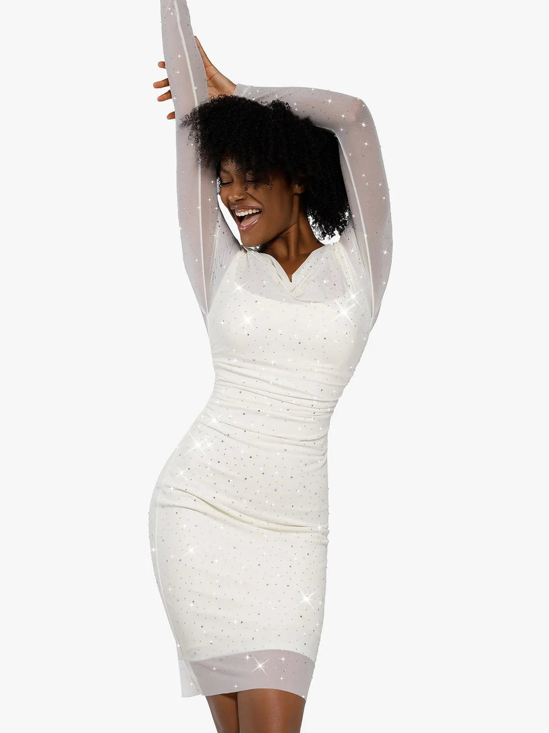 Shapewear Heat-Set Crystal Mesh Long Sleeve Slim Mini Dress – Popilush®