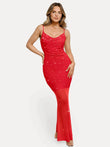 Shapewear slimming red maxi slip dress with heat-set crystal mesh pattern and draped neckline.