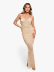 Shapewear slimming maxi slip dress in champagne crystal mesh with sheer mermaid hem.