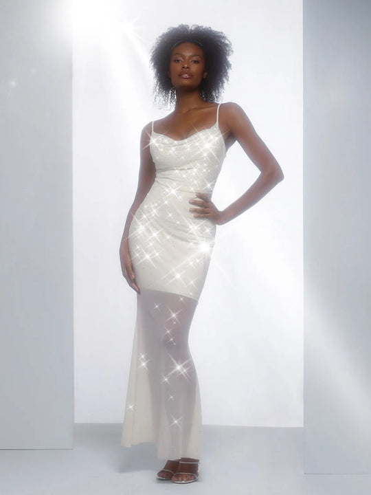 Vestido largo lencero adelgazante de malla de cristal termofijado
