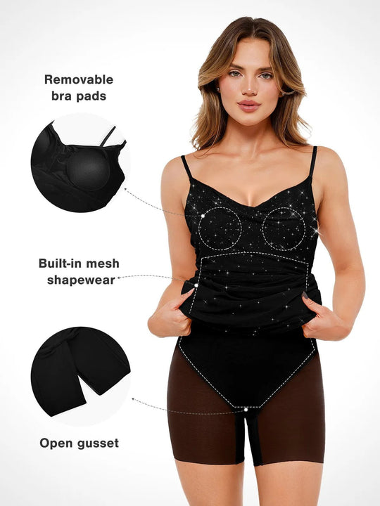 Popilush® Black shapewear slip top with rhinestones, built-in mesh, and removable bra pads.