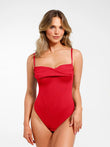 Red bodysuit, Popilush® shapewear with corset waist, enhancing the figure.