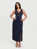 Popilush® Shapewear Lace Charmeuse Deep V-Neck Tummy Control Maxi Slip Dress