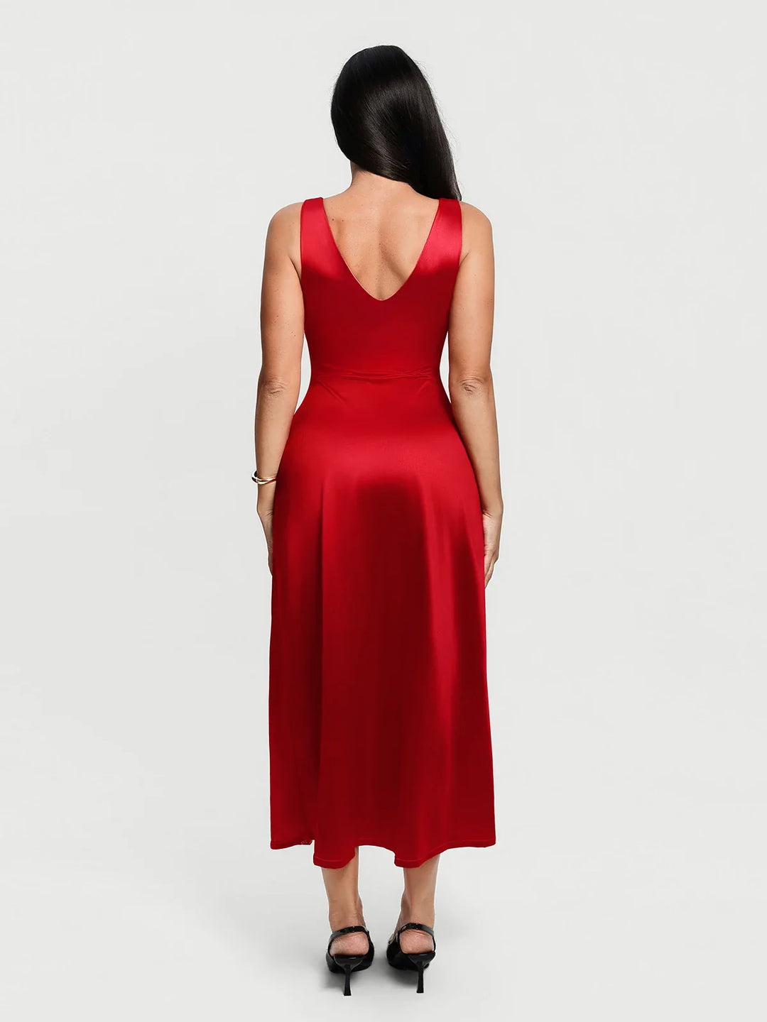Popilush® Shapewear Lace Charmeuse Deep V-Neck Tummy Control Maxi Slip Dress