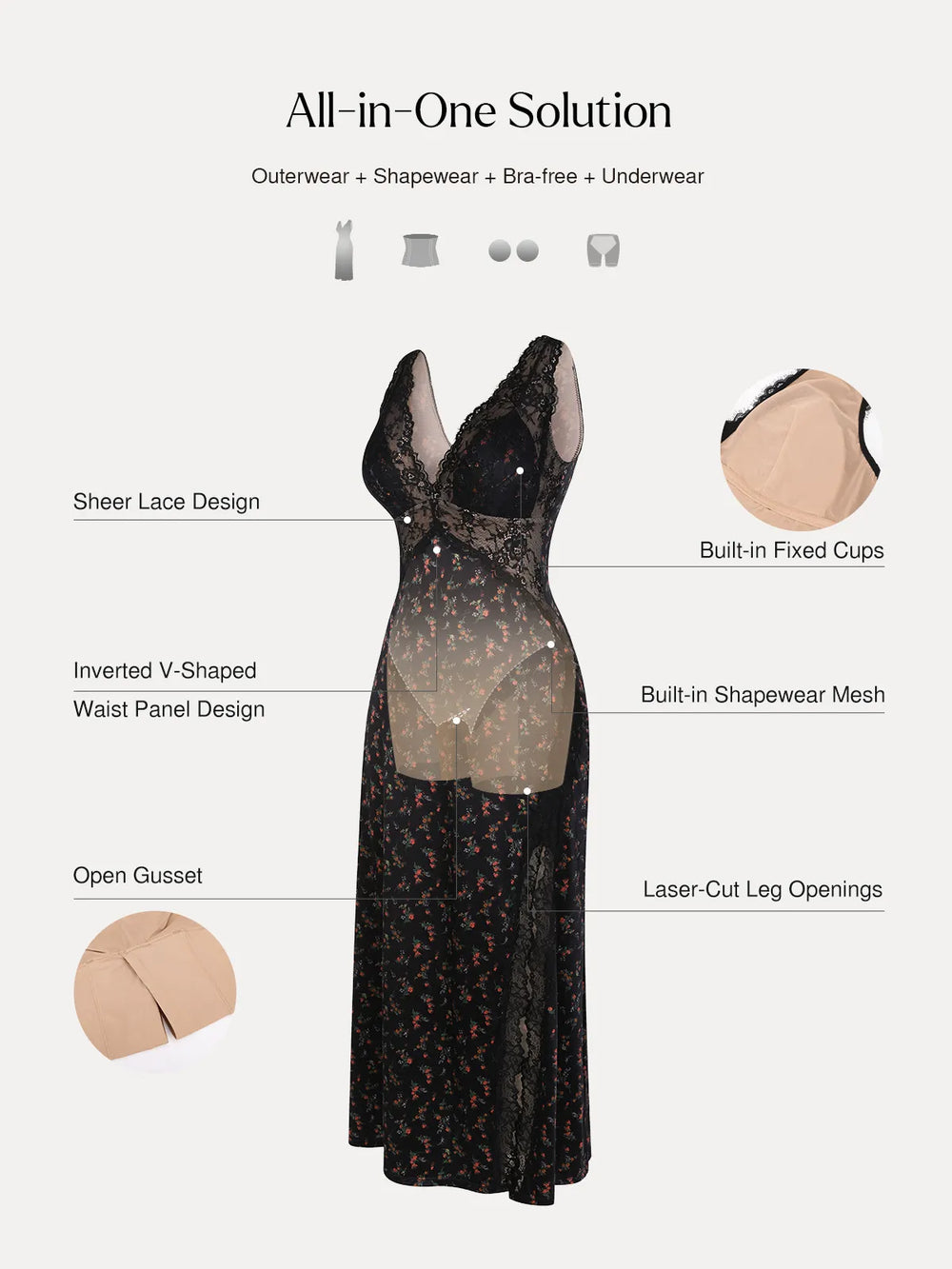 Popilush® Shapewear Lace Charmeuse Deep V-Neck Tummy Control Maxi Slip Dress