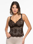 Brown lace contouring camisole with adjustable straps and floral detailing.