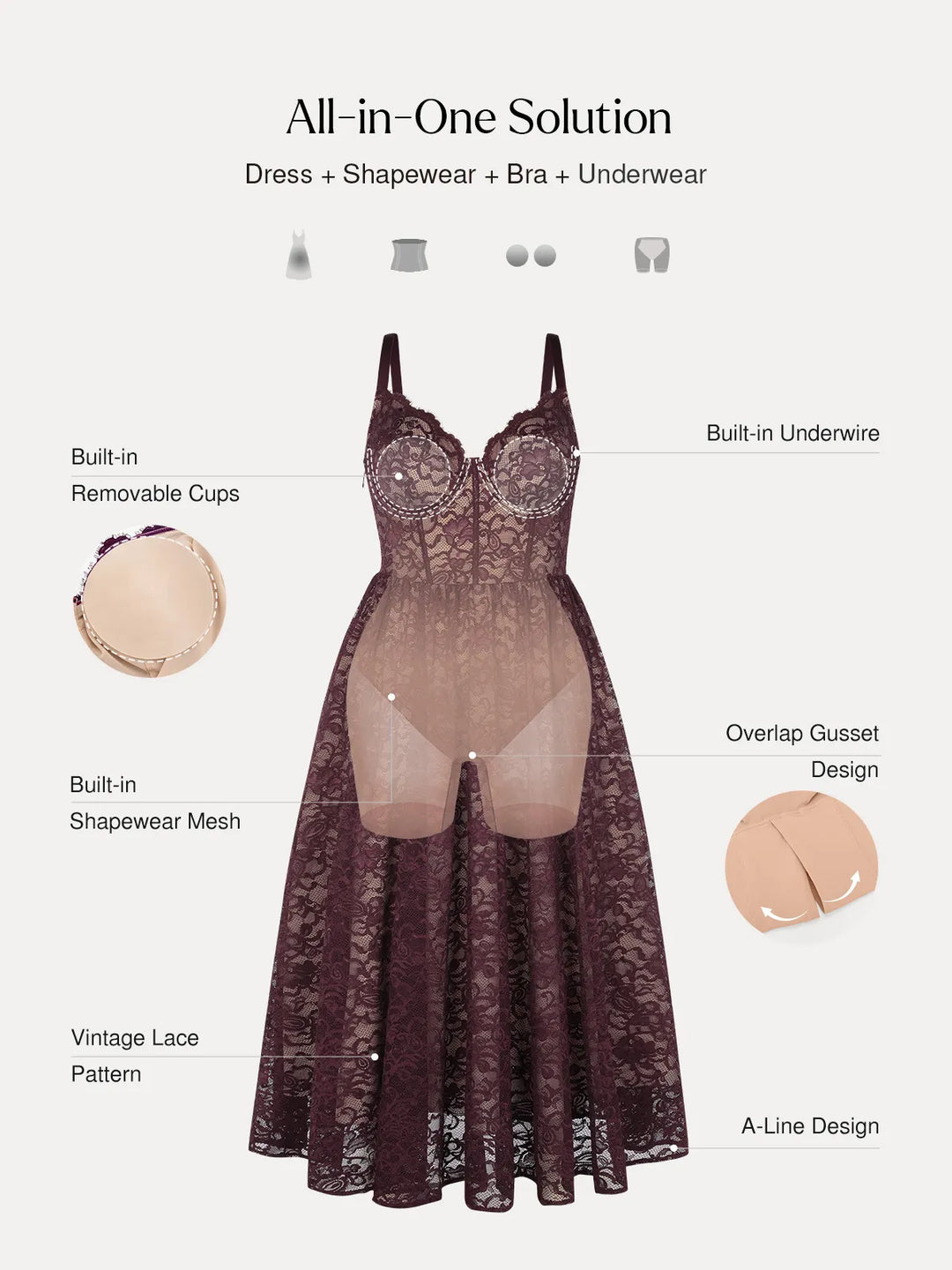 Popilush® Shapewear Lace Corset A-Line Maxi Dress