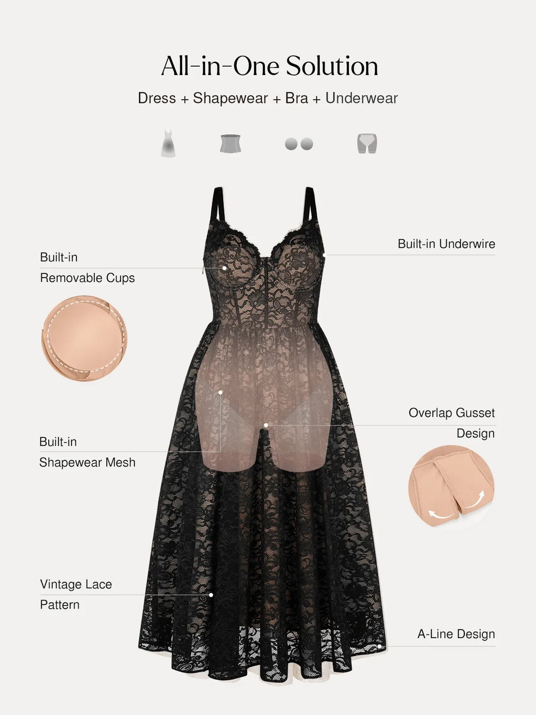 Popilush® Shapewear Lace Corset A-Line Maxi Dress