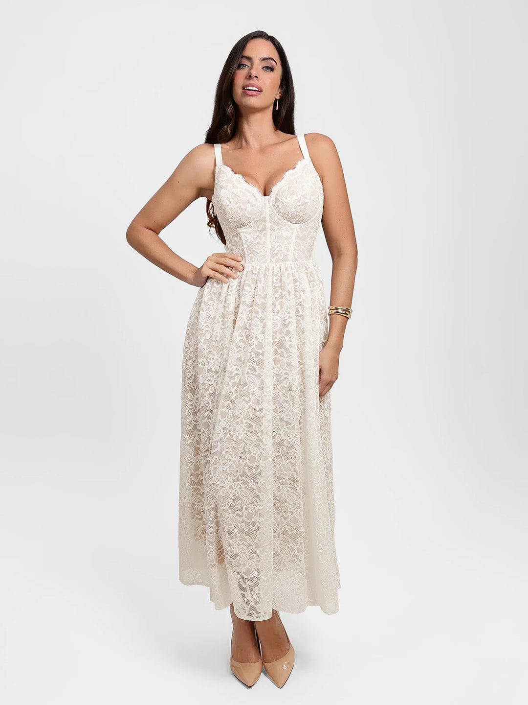 Popilush® Beige / XS Shapewear Lace Corset A-Line Maxi Dress
