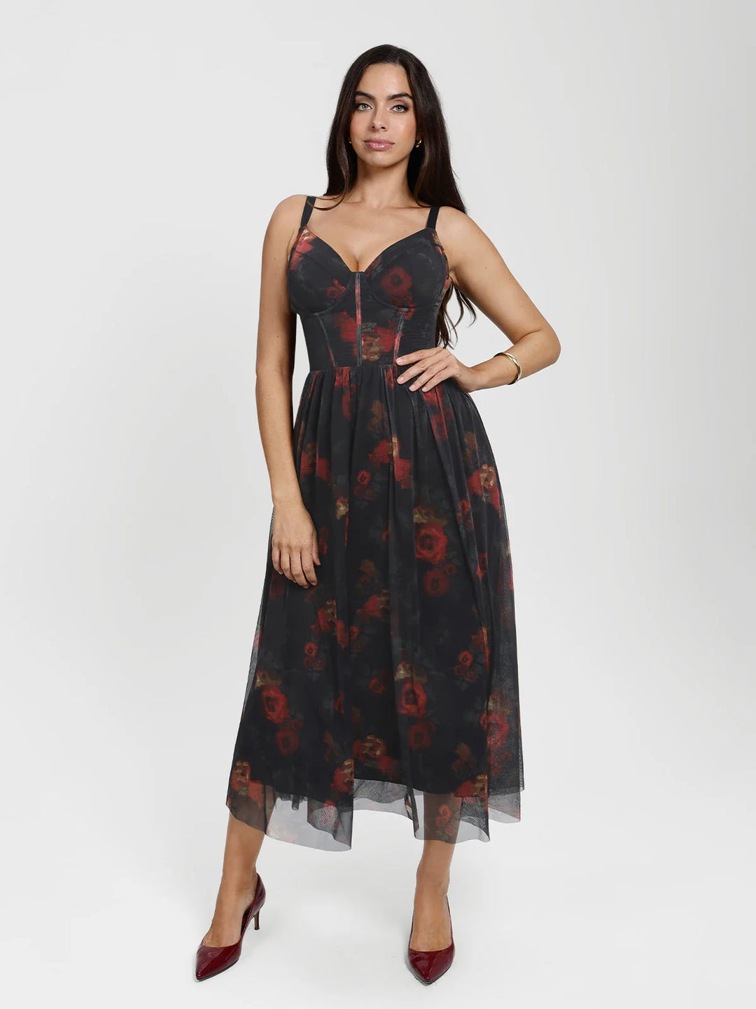 Popilush® Burgundy Floral / XS Shapewear Lace Corset A-Line Maxi Dress
