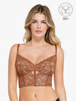 Popilush® brown lace longline underwire bra, DD+ support, shaping mesh & adjustable straps for comfort.