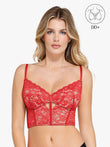 Red Popilush lace longline underwire bralette with center cutout and DD+ support.