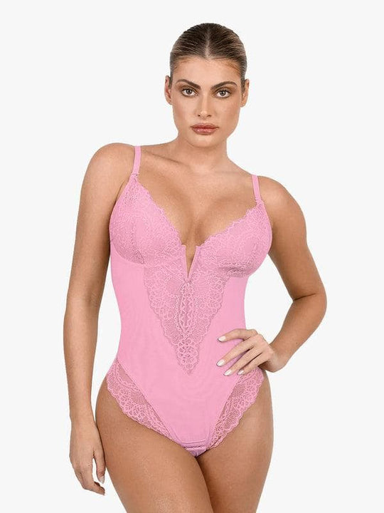 Popilush® Sexy Tops Body Shaper Dusty Rose / S Shapewear Lace Deep V-Neck Sculpting Thong Bodysuit