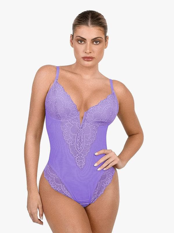 Body sculptant en dentelle à décolleté en V profond – Popilush