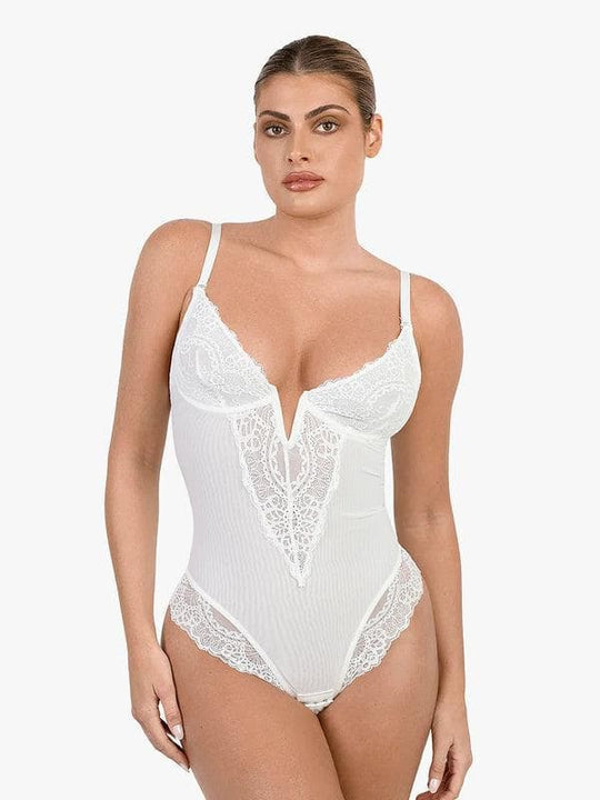 Popilush® Sexy Tops Body Shaper White / S Shapewear Lace Deep V-Neck Sculpting Thong Bodysuit