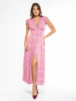 Pink lace maxi dress with thigh-high slit, V-neck, and button details.