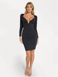 Popilush® Sculpting Formal Party Cocktail Evening Winter Gown Shapewear Lace Trim V-Neck Long Sleeve Bodycon Mini Dress