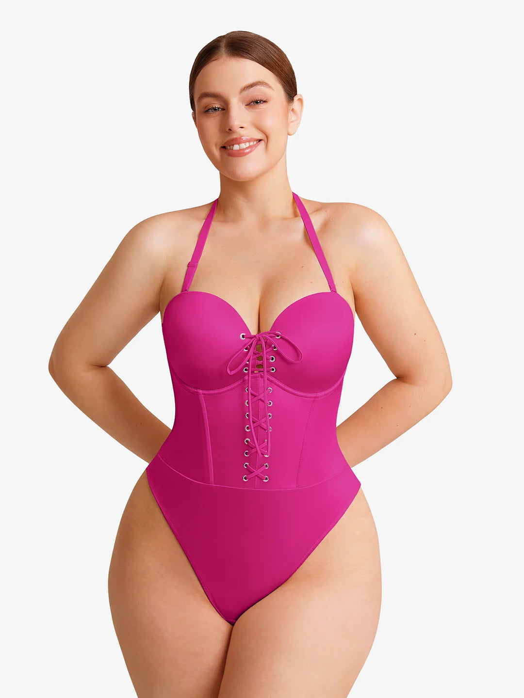 Popilush® Shapewear Lace-Up Corset Bodysuit with Removable Straps