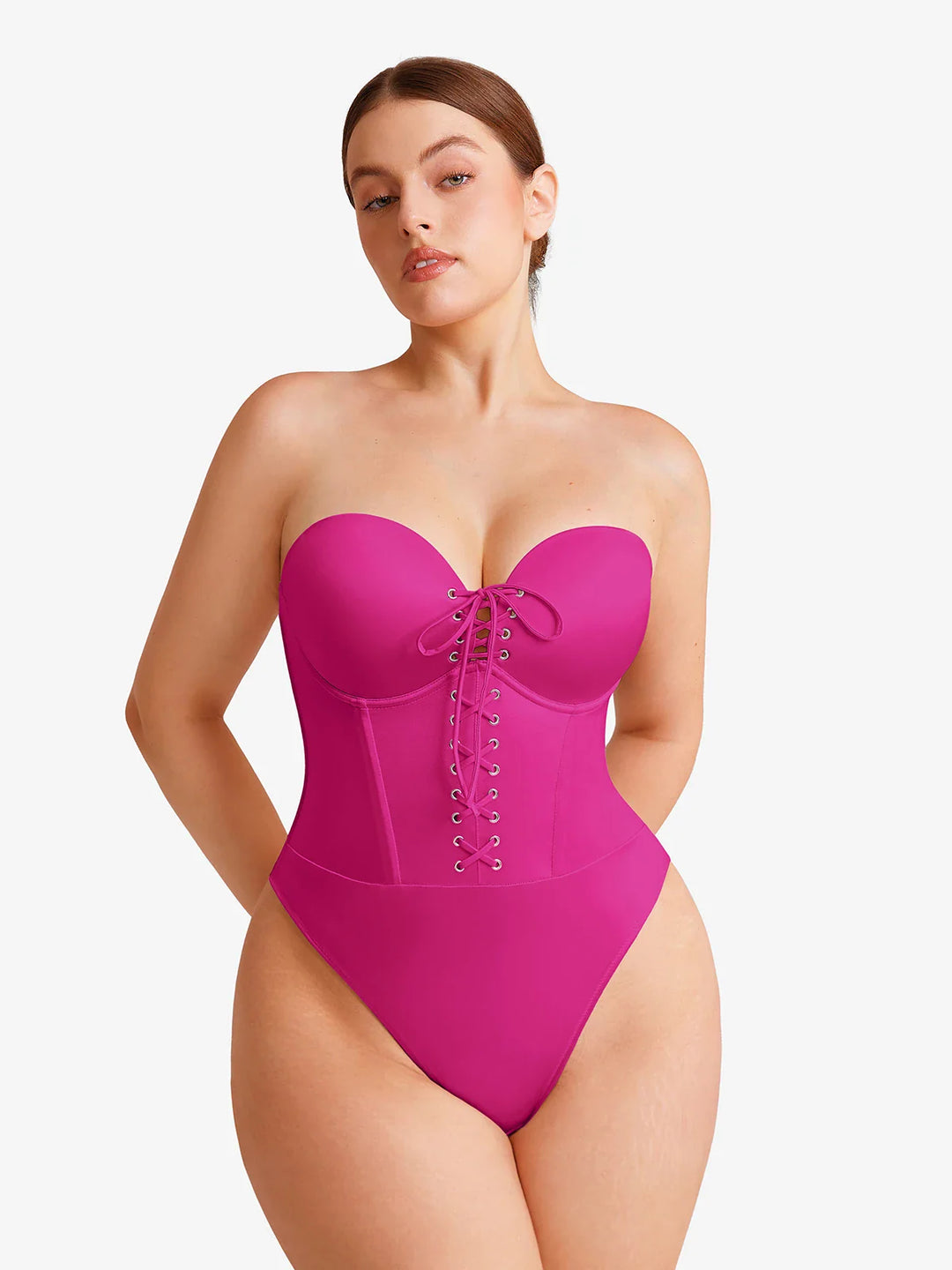 Popilush® Shapewear Lace-Up Corset Bodysuit with Removable Straps
