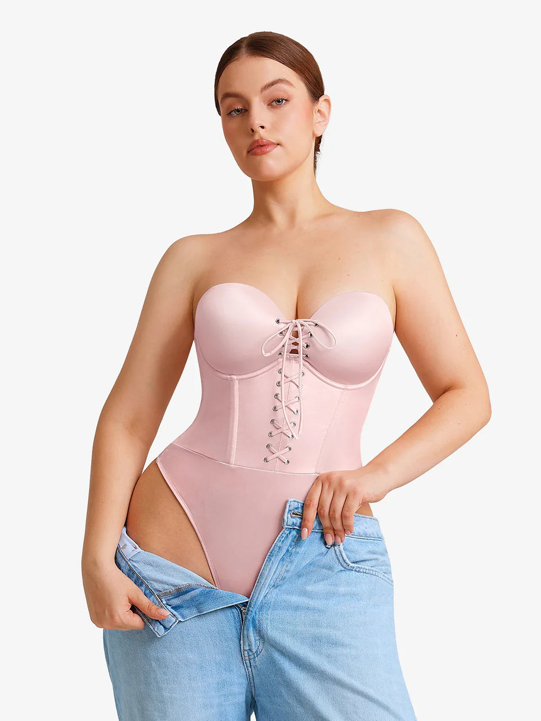 Popilush® Shapewear Lace-Up Corset Bodysuit with Removable Straps