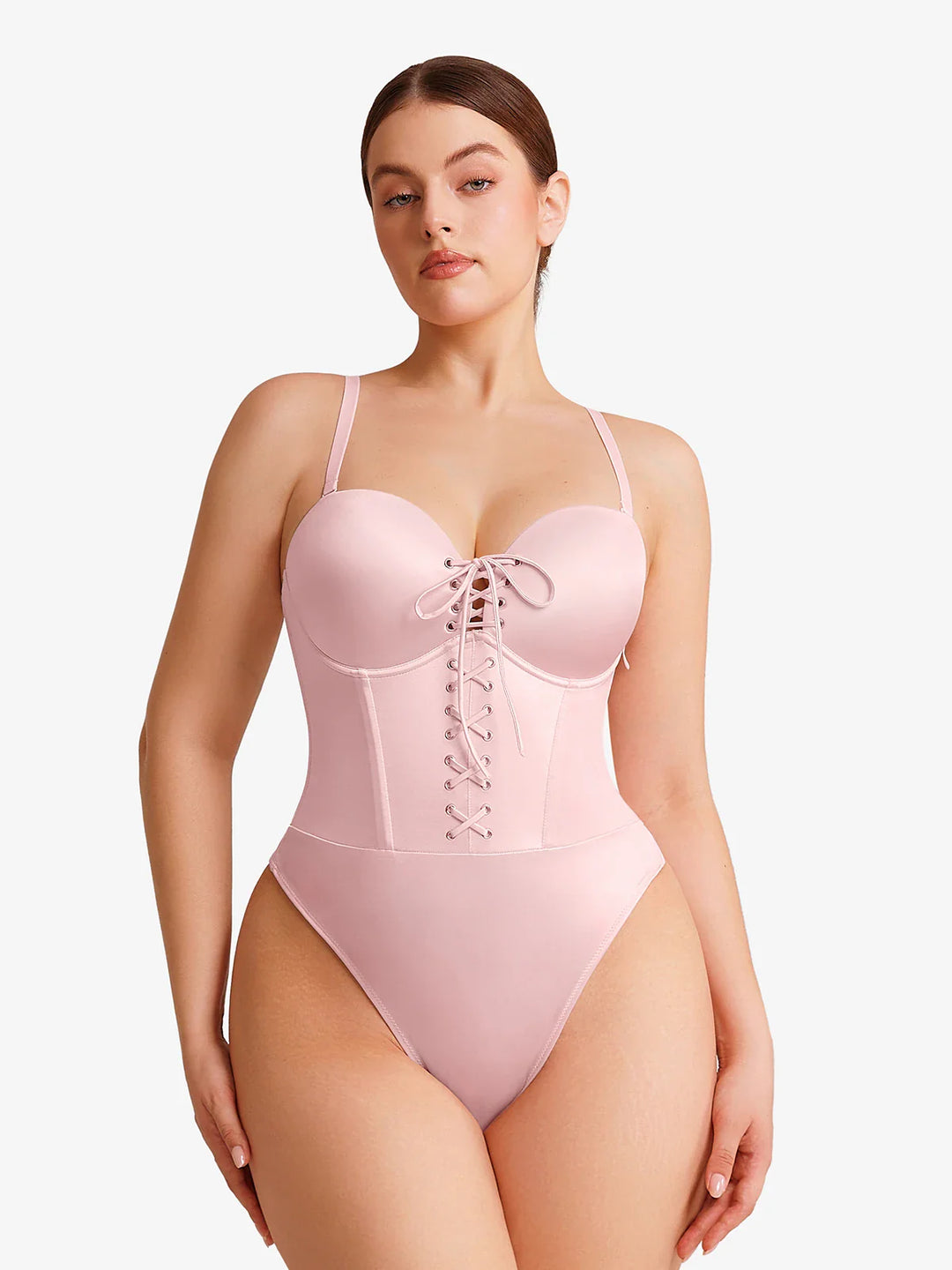 Popilush® Shapewear Lace-Up Corset Bodysuit with Removable Straps