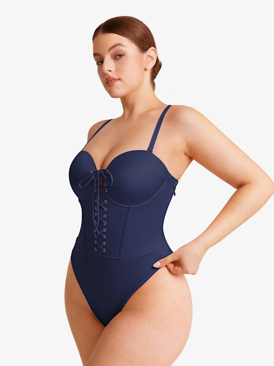 Popilush® Shapewear Lace-Up Corset Bodysuit with Removable Straps