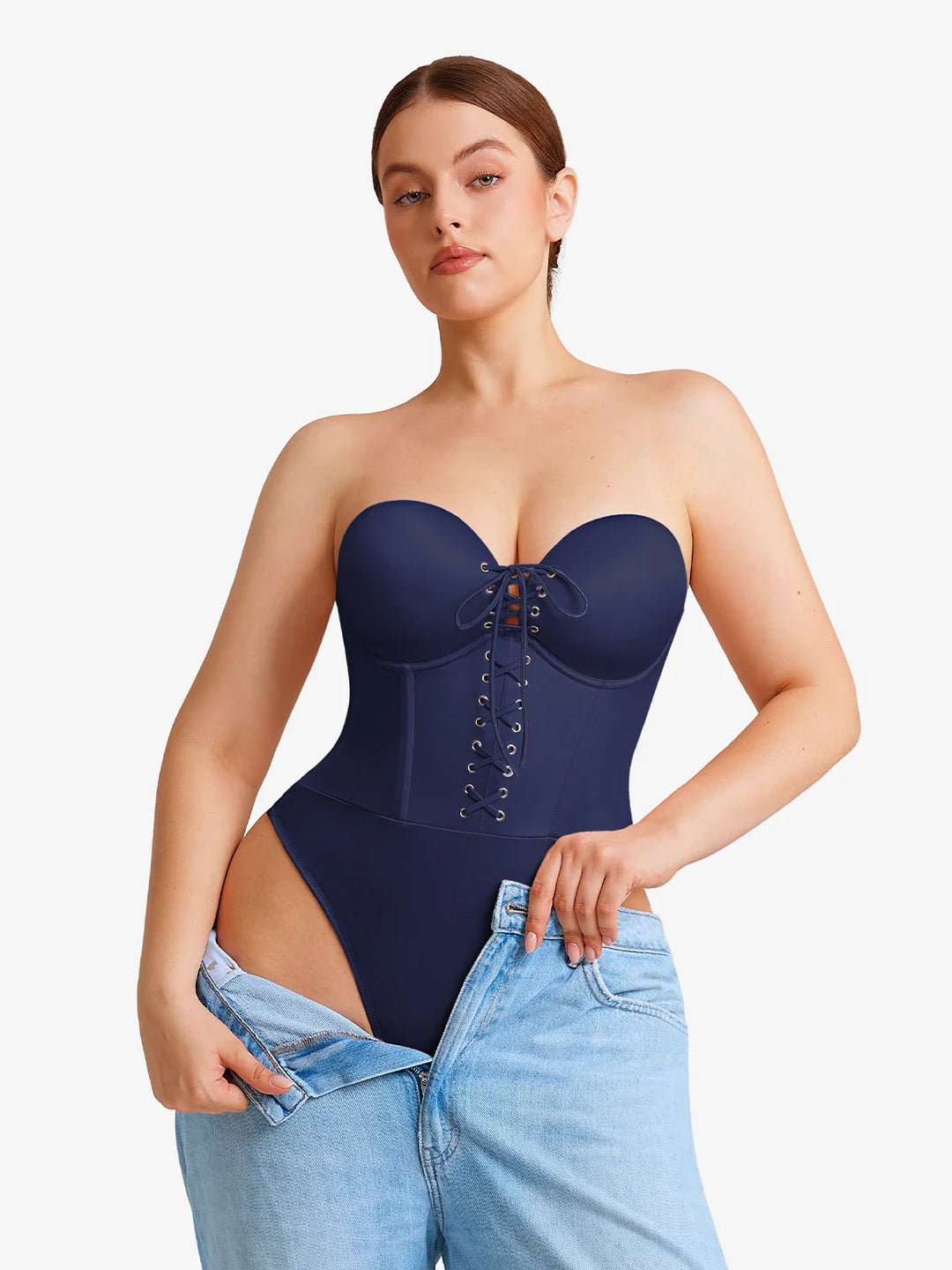 Popilush® Shapewear Lace-Up Corset Bodysuit with Removable Straps