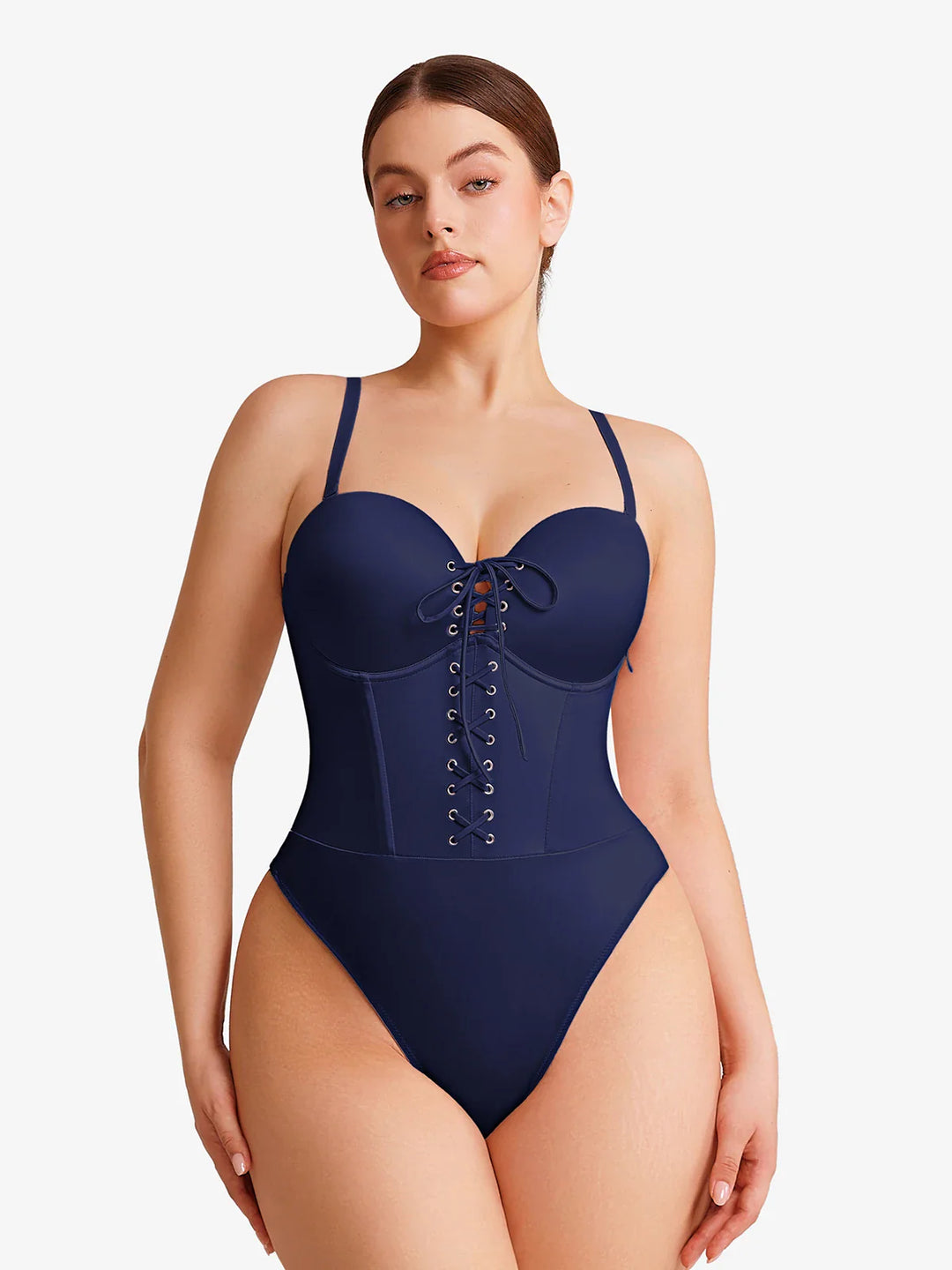 Popilush® Shapewear Lace-Up Corset Bodysuit with Removable Straps