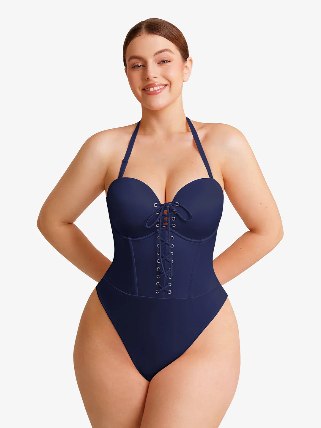 Popilush® Shapewear Lace-Up Corset Bodysuit with Removable Straps