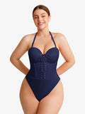 Popilush® Shapewear Lace-Up Corset Bodysuit with Removable Straps