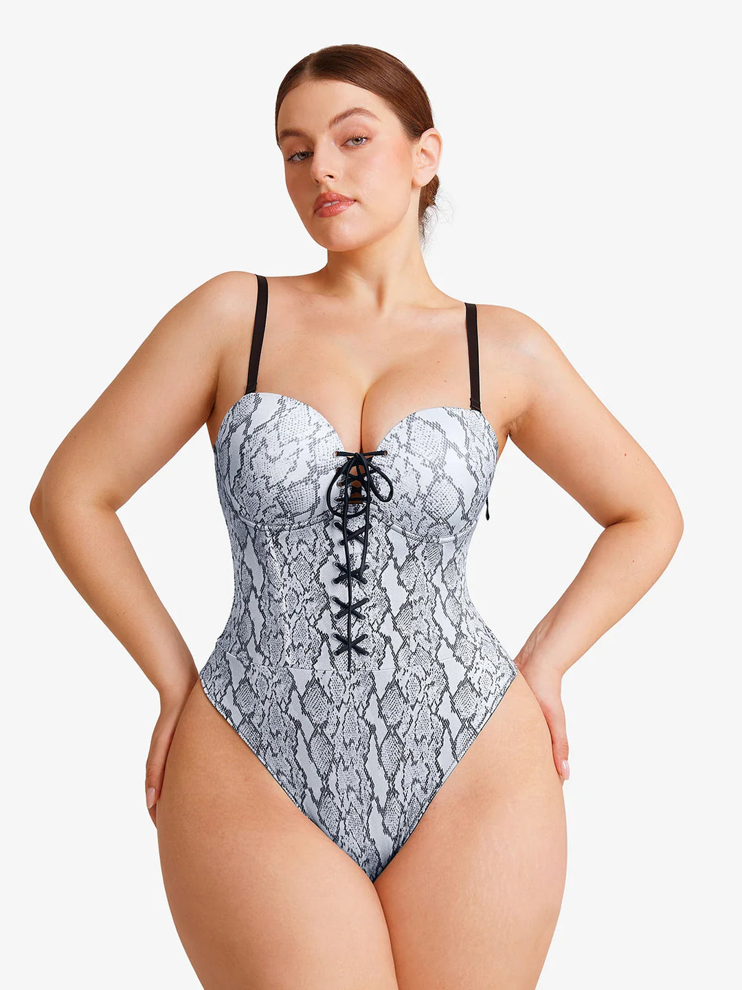 Popilush® Shapewear Lace-Up Corset Bodysuit with Removable Straps
