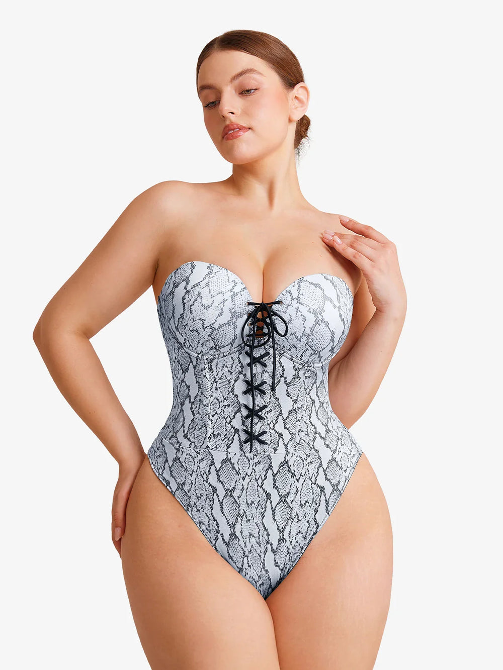 Popilush® Shapewear Lace-Up Corset Bodysuit with Removable Straps