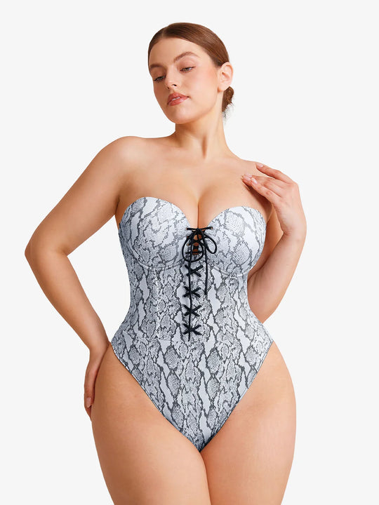 Popilush® Shapewear Lace-Up Corset Bodysuit with Removable Straps