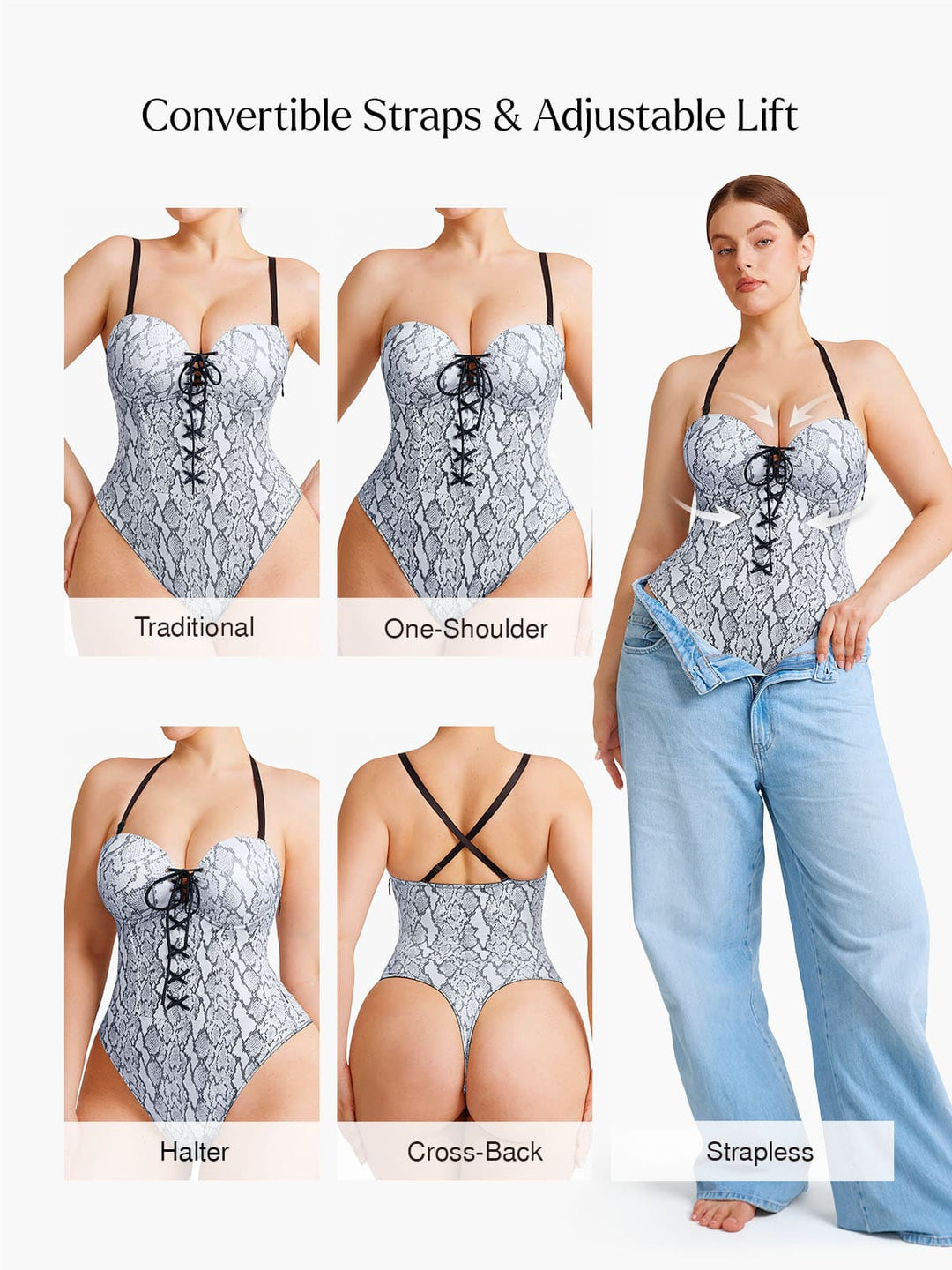 Popilush® Shapewear Lace-Up Corset Bodysuit with Removable Straps