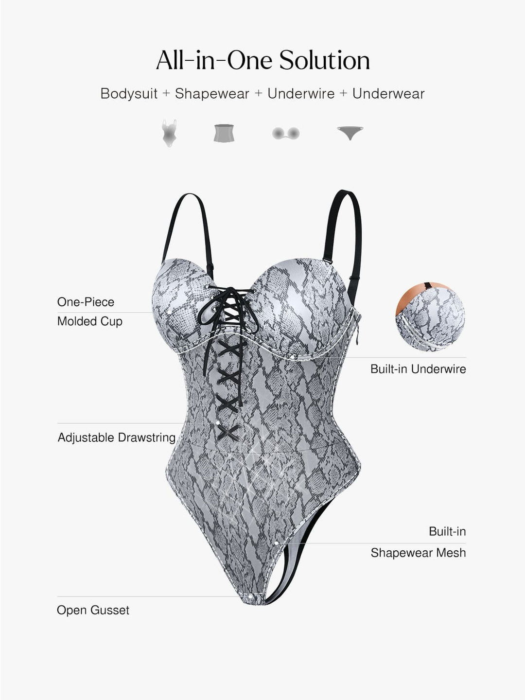 Popilush® Shapewear Lace-Up Corset Bodysuit with Removable Straps