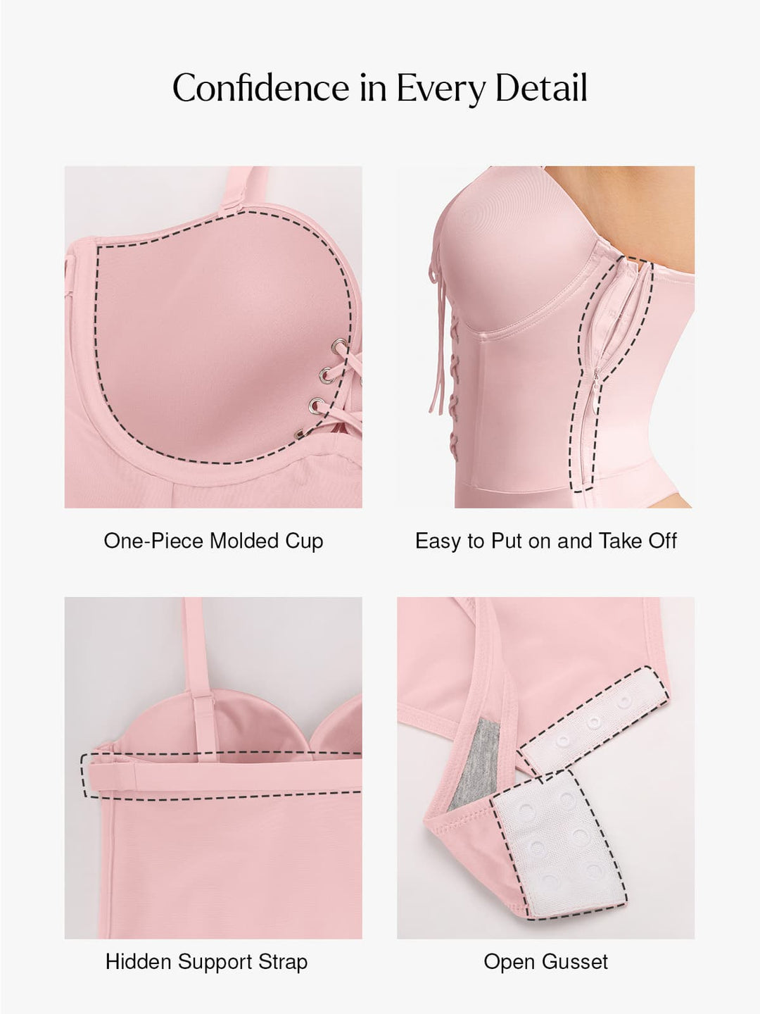 Popilush® Shapewear Lace-Up Corset Bodysuit with Removable Straps