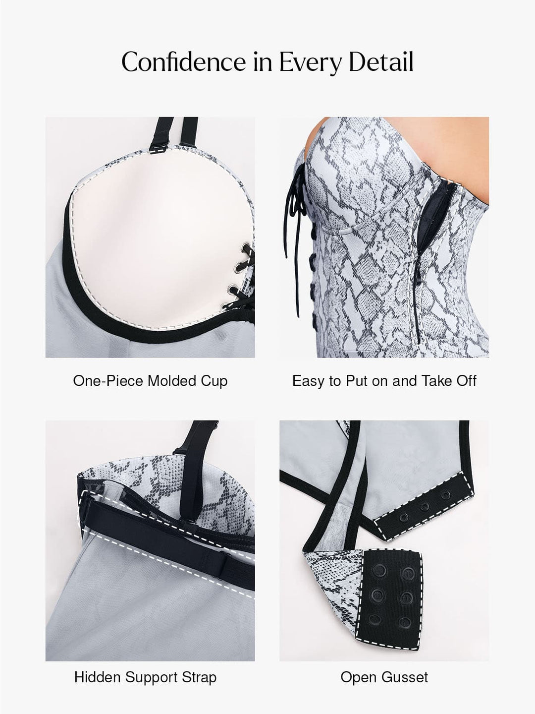Popilush® Shapewear Lace-Up Corset Bodysuit with Removable Straps