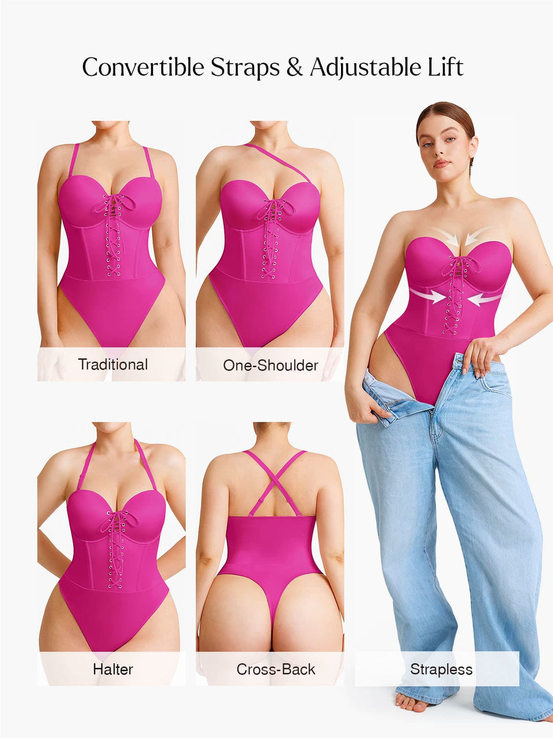 Popilush® Shapewear Lace-Up Corset Bodysuit with Removable Straps