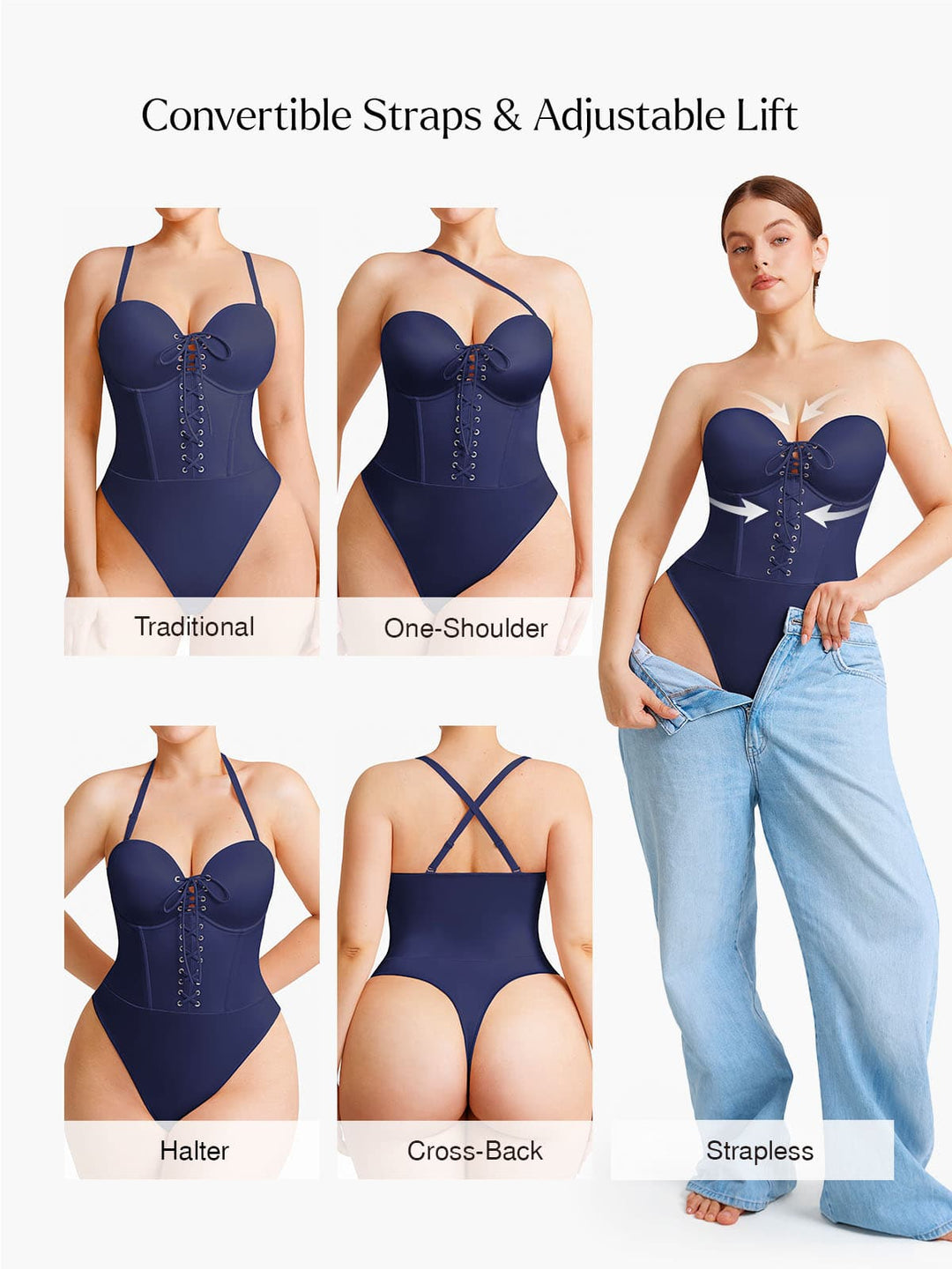 Popilush® Shapewear Lace-Up Corset Bodysuit with Removable Straps
